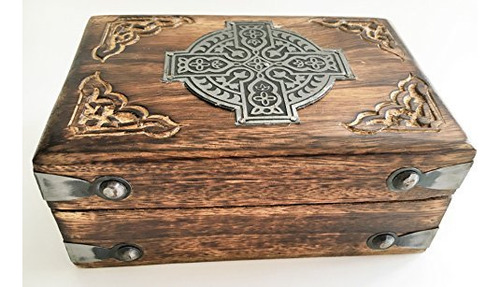 Caja De Madera Tallada Con Cruz De Metal, Caja De Almacenam.