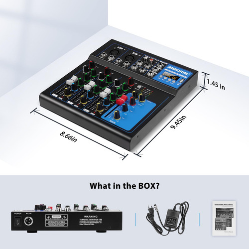 Audio Interface Mixer Riworal 4 Channel W/ Bluetooth +48v