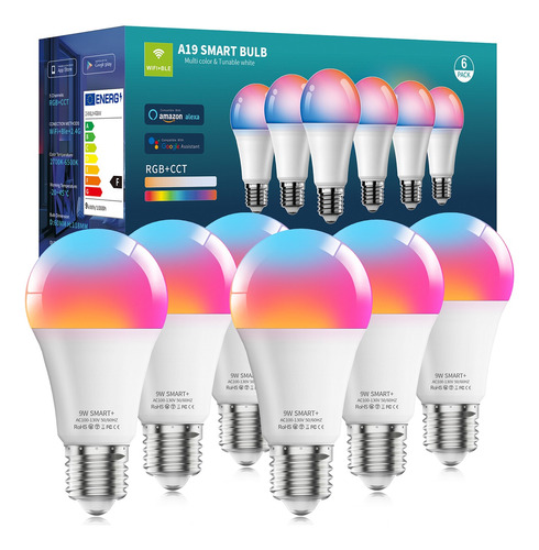 6 Foco Inteligente Alexa Led Multicolor Wifi Bombillas Rgbcw