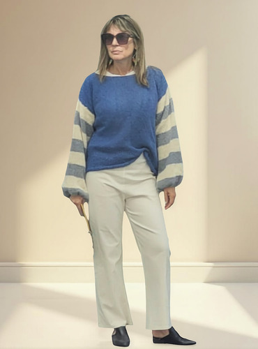 Sweater Mohair Liso O Rayas Manga Globo Cuello Bote