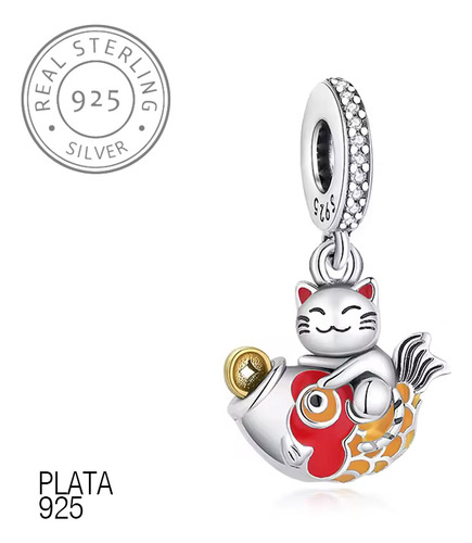 Dije De Plata Gato De La Suerte, Charm Gato, Abalorios Gato