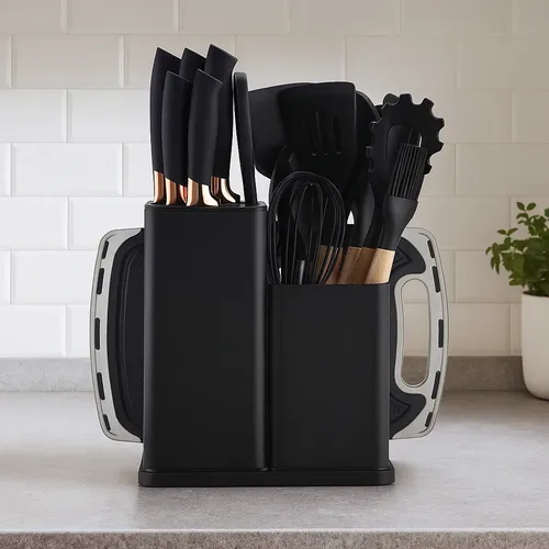 Kit Utensílios De Cozinha Em Silicone Com Cabo De Madeira Kit19 Preto