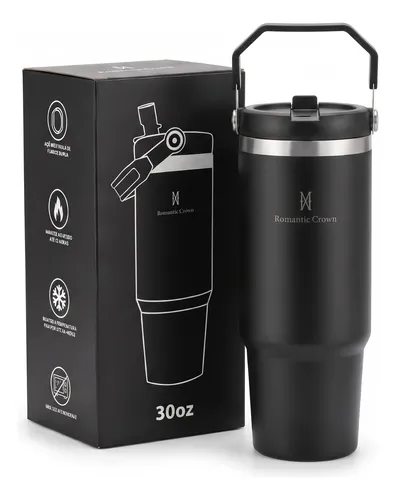 Garrafa Térmica Inox 900ml Tampa Flip Straw Canudo Com Alça Preto