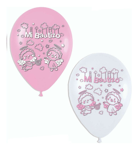 Globos Bombas Estampados X20u Bautizo Blanco Y Rosado