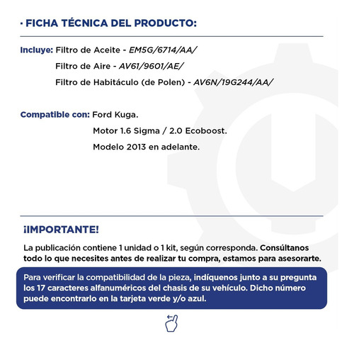 Kit 3 Filtros Aceite + Aire + Polen Ford Kuga 1.6 2.0 13+