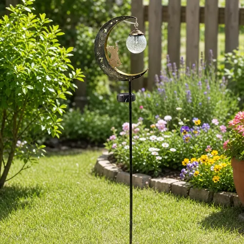 Hummingbird Moon Solar Garden Stake Light – Waterproof LED Metal Yard Lamp With Crackle Glass Globe, For Pathway, Patio, Lawn & Flower Bed