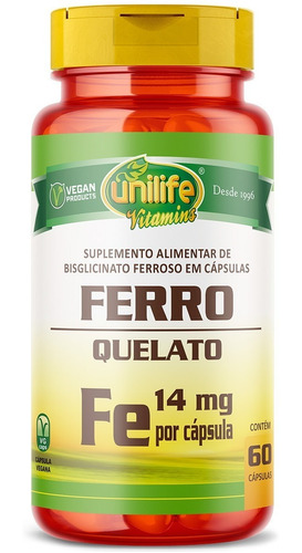 Ferro Quelato Fe Unilife (60 Cápsulas) 500mg Vegan