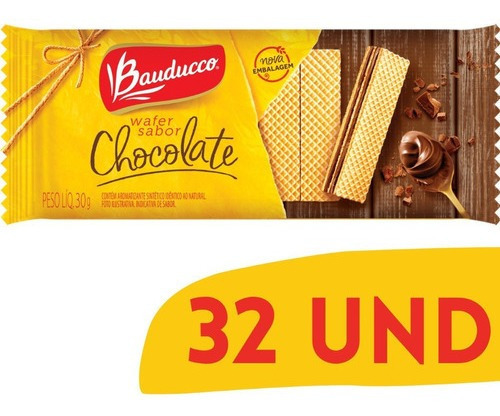 Biscoito Bauducco Wafer Sachê 30g Sabor Chocolate - 32 Unid