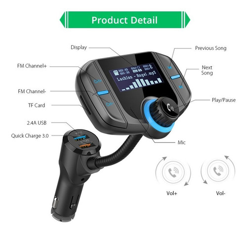 Imagen 10 de 10 de Transmisor Bluetooth Fm Doble Cargador Usb Manos Libres Aux