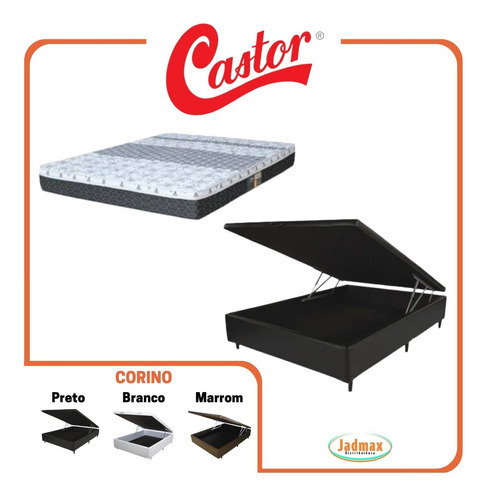 Colchão Castor Casal Padrão Viúva + Cama Box Baú (128x188) Cor Corino Preto