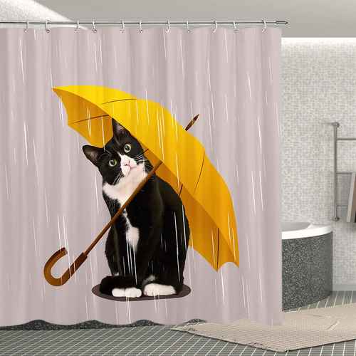 Gato Ducha Cortina Paragua Negro Baño Amarillo Gancho 71 X