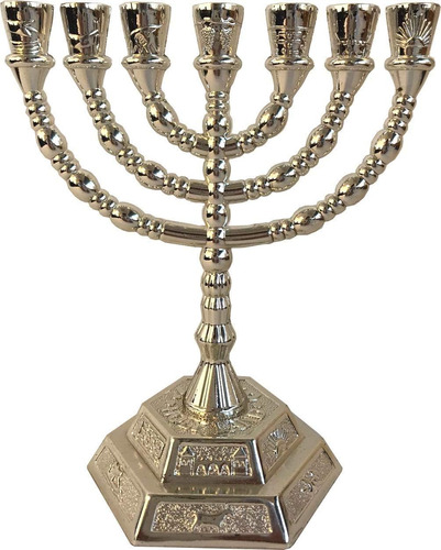 Menorah Holy Land, 7 Brazos, 12 Tribus De Israel, Plateado B