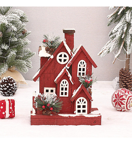 Casa Nieve Navideña Roja Con Luz Cálida Para Escritorio