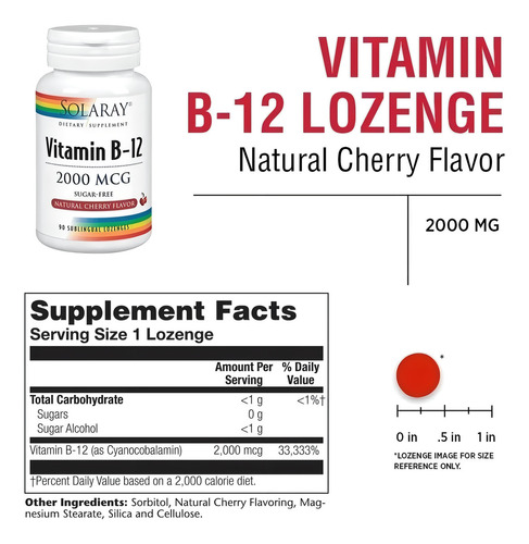 Vitamina B-12 Cianocobalamina 2000 mcg (90 comprimidos) Solaray Cherry Flavor