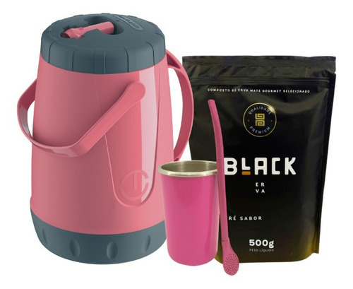 Kit Tereré Garrafa 2,5l Cuia E Bomba Rosa Erva Black 500g