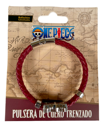 Pulsera Luffy Cuero Y Placa Metalica - One Piece Brazalete Color Rojo Diámetro 7 Cm