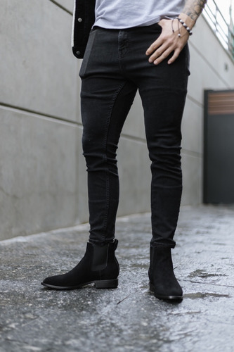 Fino Botín De Hombre Chelsea Goodyear Welt Gamuza Negro