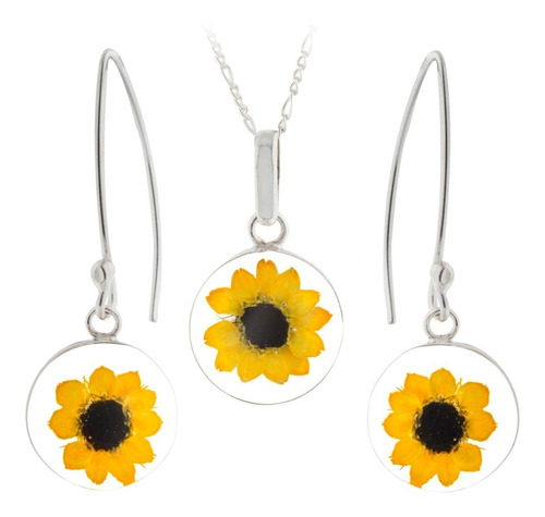 Dije Y Aretes Girasol Círculo Tami Plata 925 Con Cadena