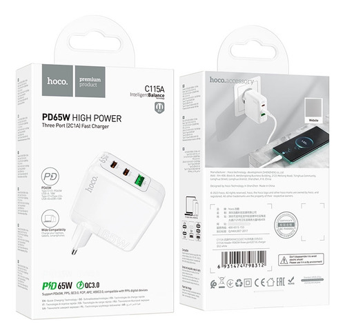 Cargador De Pared 2 Usc-c/1 Usb-a Hoco C115a Eu 65w White Color Blanco
