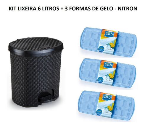 Kit Lixeira 6l + 3 Forma De Gelo C/ Tampa Empilhável Nitron