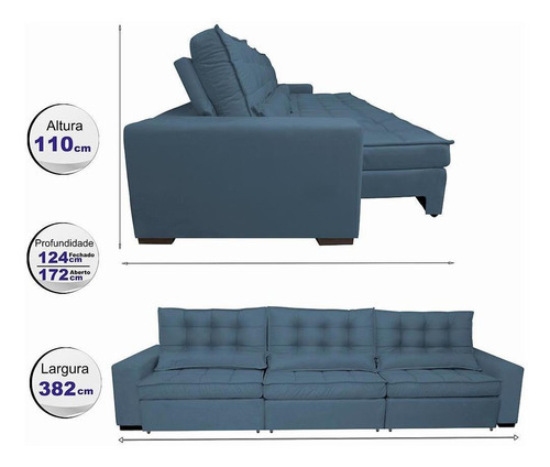 Sofá Retrátil e Reclinável 3,82m com Molas Ensacadas Cama Inbox Gold Tecido Suede Velusoft Azul