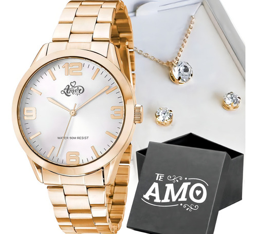 Relogio Feminino Dourado Aço + Caixa + Pulseira + Colar