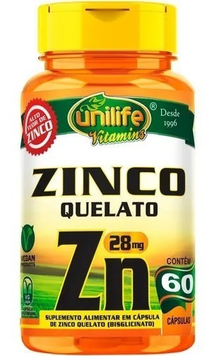 Suplemento en cápsulas de mineral de zinc quelatado Unilife en un bote de 36 g a 60 ml
