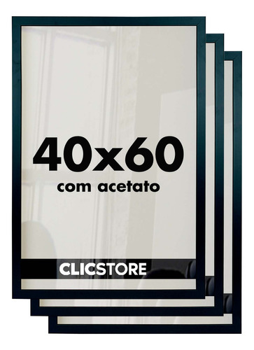 Kit 3 Moldura 40x60cm Poster Parede Quadro Acetato Diplomas Cor Preto Liso