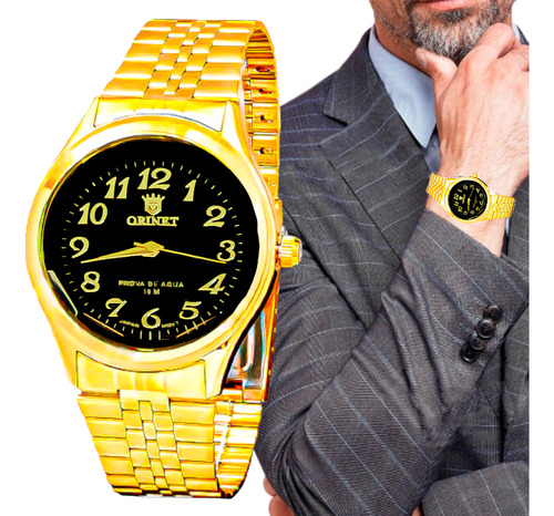 Relógio Masculino Orinet Luxo Original Prova D'água Cor da correia Dourado Cor do fundo Preto