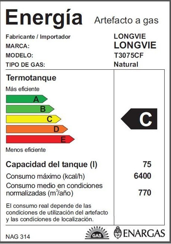 Imagen 2 de 2 de Termotanque A Gas Longvie 75 Litros De Colgar T3075cf