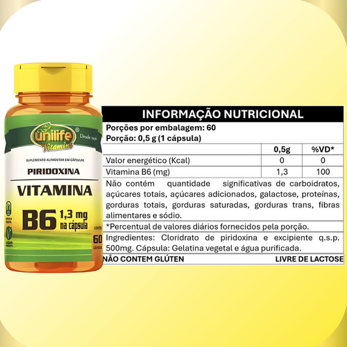 Vitamina B6 Piridoxina Com 60 Cápsulas - Unilife