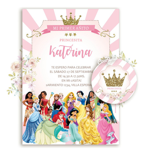 Kit Imprimible Princesas Disney, Glitter, Dorado, Cumple