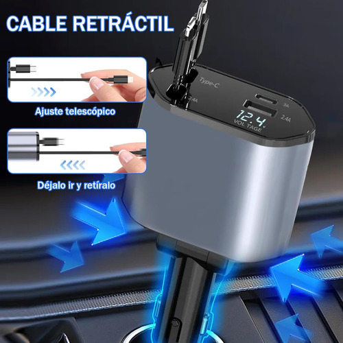 4 En 1 cargador retráctil de coche de carga rápida de 120w cargador carga rapida gris oscuro cables 80cm Vone usb-c color negro