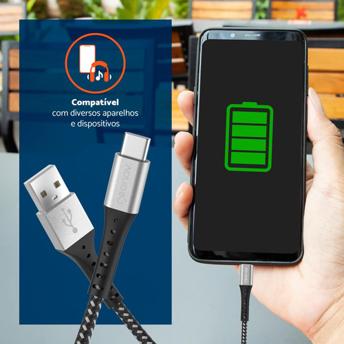 Cabo Usb-a Para Usb-c 1,2m Nylon Trançado Preto Geonav