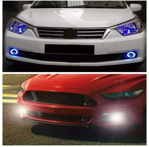 Imagen 7 de 9 de X2 Foco Neblinero Led Ojos De Ángel Blanco Y Aro Azul 89mm