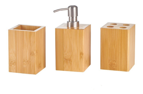 Set 3 Piezas Baño Bambu Dispenser Vaso Portacepillo