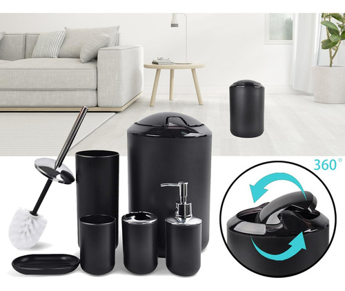 Juego Accesorios Set De Baño 6 Piezas Inoxidable Cepillo Wc Negro