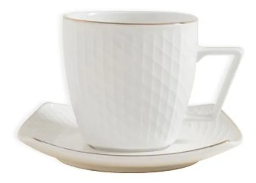 Taza De Te Con Plato Porcelana Set X 6 Blanco Borde Oro