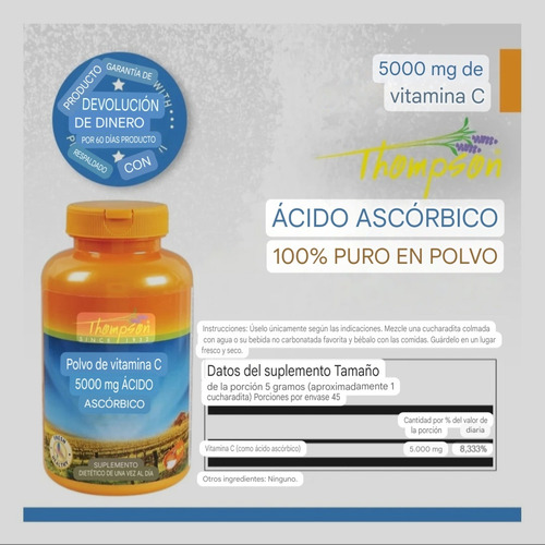 Vitamina C 5000 Mg, Ácido Ascorvico, 5g, Ascorbic Ácido Puro