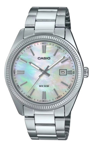 Reloj Casio Mtp-1302psc-7a Esfera Tornasol Correa Plateado Bisel Plateado Fondo Tornasol Mtp-1302psc-7a