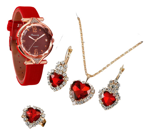 Conjunto Rojo Corazón * Reloj + Collar + Anillo + Pendientes