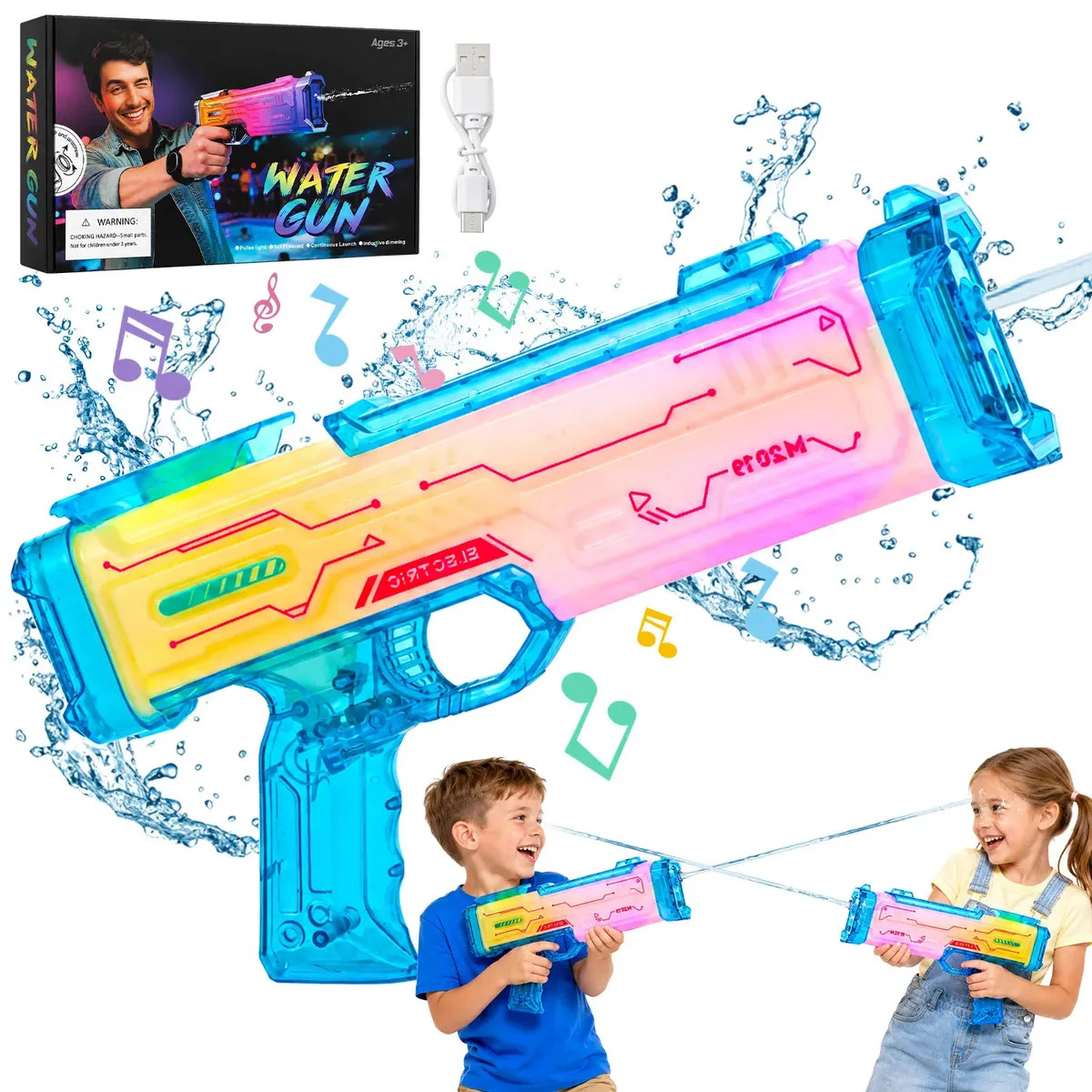 Rovtop Pistola De Agua Eléctrica Recargable 500ml Automática Con Luces LED, USB Tipo C, Juguete De Agua Para Niños, Pistola Para Alberca, Playa, Jardín Y Juegos De Verano
