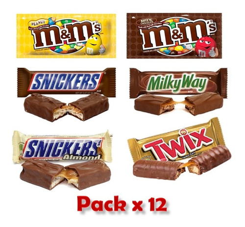 Combo X 12 Chocolatinas Surtidas Snickers, Twix, M&m, Milky 