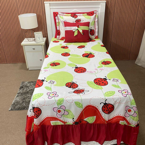 Kit Cobre Leito Solteiro Sem Matelar 3 Peças Estampado Cor Vermelho Joaninha