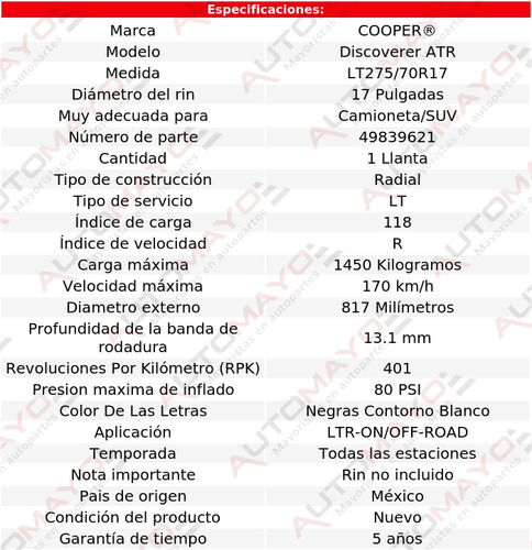 Cooper Llanta Discoverer Atr Lt275/70r17 118r