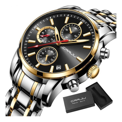 Reloj de cuarzo Crrju Business con calendario impermeable, color plateado, dorado y negro