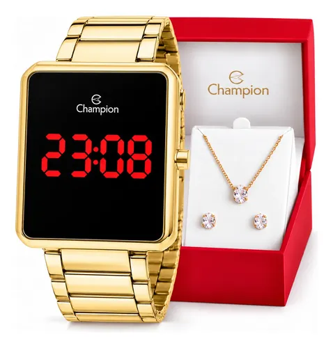 Kit Relógio Feminino Champion Digital Dourado Colar Brincos Dourado Led Vermelho 2