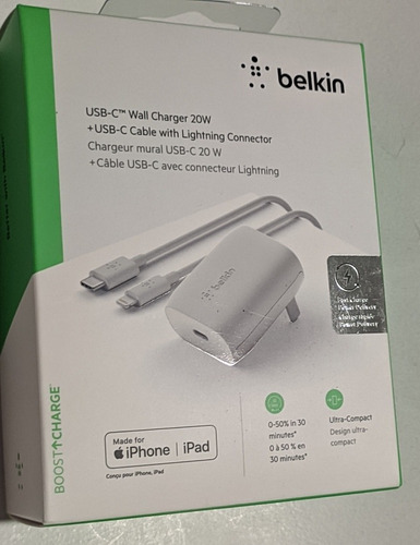 Cargador Rápido iPhone Belkin Pared + Cable Lighting 20watts