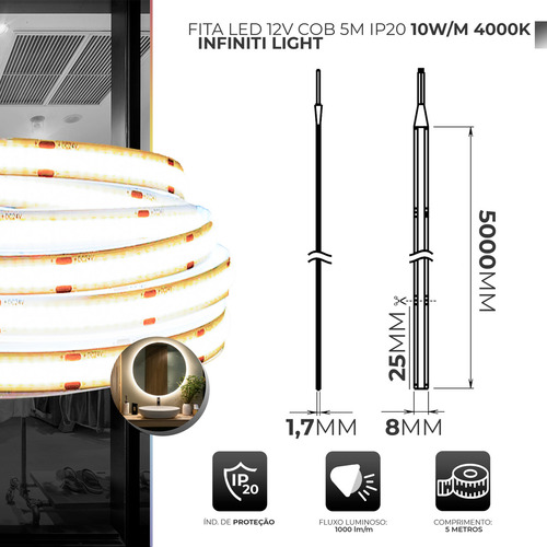 Fita Led Cob 10w/m 320 Leds/m 5m 8mm Alto Brilho Perfil Luz Branco-neutro
