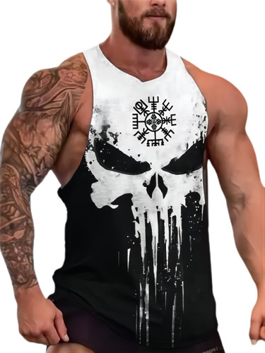 Camiseta Sin Mangas Color En Contraste Con Calavera Hombre